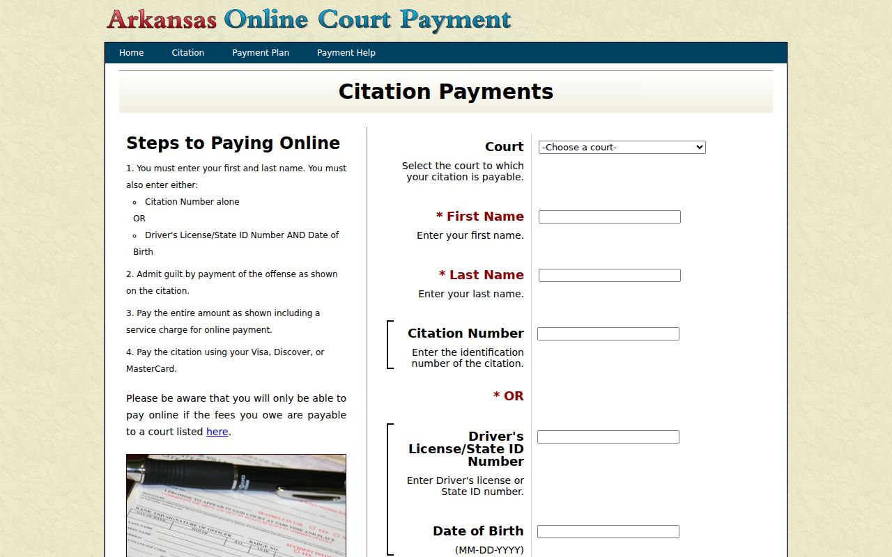 Woodruff County traffic warrant citation payment fields
